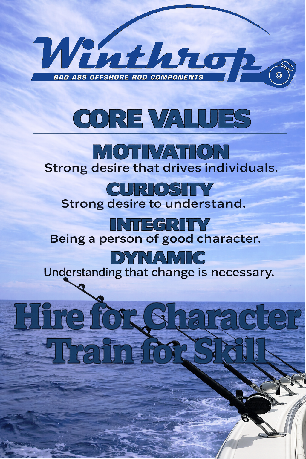 Winthrop Tackle core values: Motivation, Curiosity, Integrity, and Dynamic